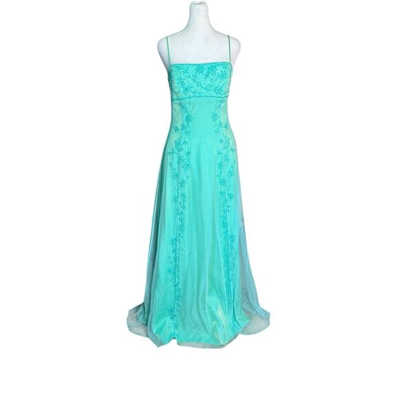 Vtg Y2K Aqua Beaded Gown Dress Sz 7/8 Fairycore Mesh Dreamy Ethereal Mermaidcore - Picture 1 of 12